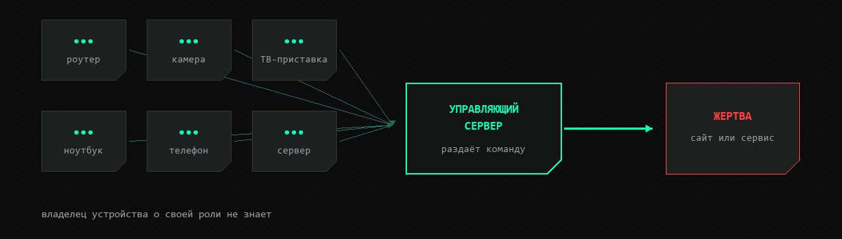 Схема ботнета: роутер, камера, приставка, ноутбук, телефон и сервер получают команду от управляющего сервера и шлют запросы жертве