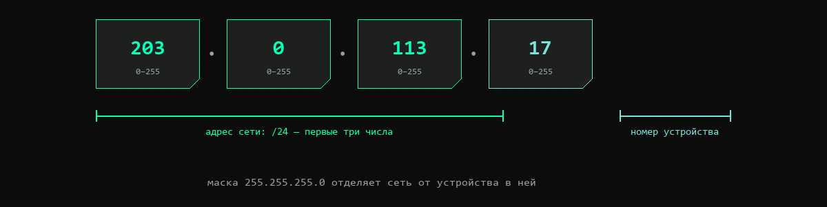Схема структуры IP-адреса: четыре октета от 0 до 255, первые три задают сеть, последний — номер устройства