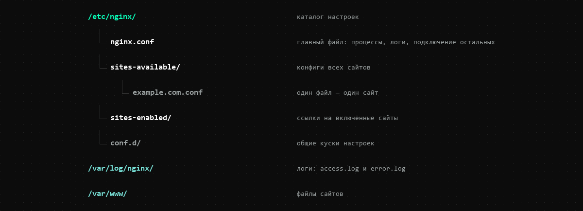 Дерево каталогов: /etc/nginx с nginx.conf, sites-available, sites-enabled и conf.d, каталоги логов и файлов сайтов