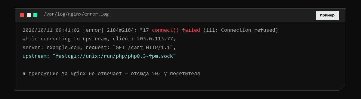 Фрагмент error.log: connect() failed, Connection refused при обращении к сокету PHP-FPM