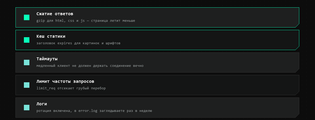 Список настроек после запуска: сжатие, кеш статики, таймауты, лимит частоты запросов, логи